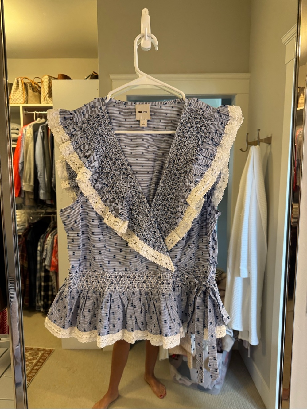Maeve Light Blue Dot Wrap Tunic with White Lace Ruffle - Picture 1 of 6